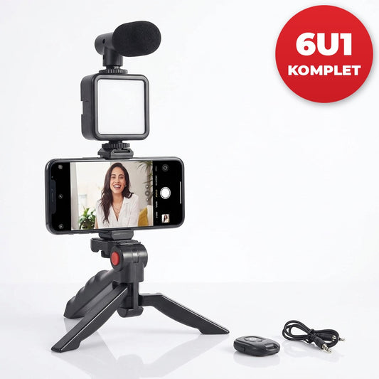 Profesionalni vlog set 6u1 za telefon - stativ, LED svetlo, mikrofon, držač, daljinski i kabl