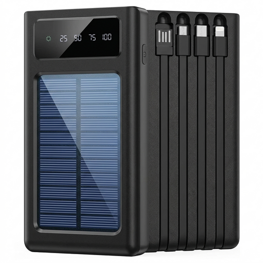 Solarni powerbank 10000 mAh sa solarnim panelom, displejem i 4 ugrađena kabla